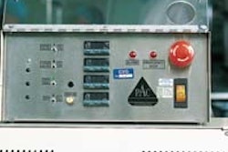 A worker at a Baxter Healthcare plant in Irvine, CA, seals sterile pouches with a band sealer. Close-up of the control panel (to