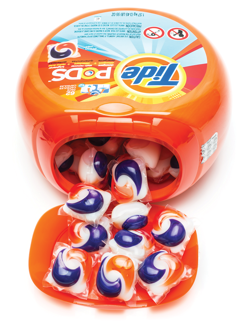 In 2013, P&G redesigned its clear tub for Tide Pods with opaque material, making it harder to see the inviting, multicolored packets inside and added a lid with latch.