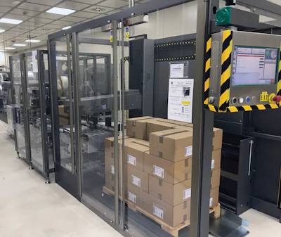 The final piece of equipment on the new line is a Ministratus palletizer, which uses a vacuum pickup head to place cases on pallets according to a predetermined pattern.