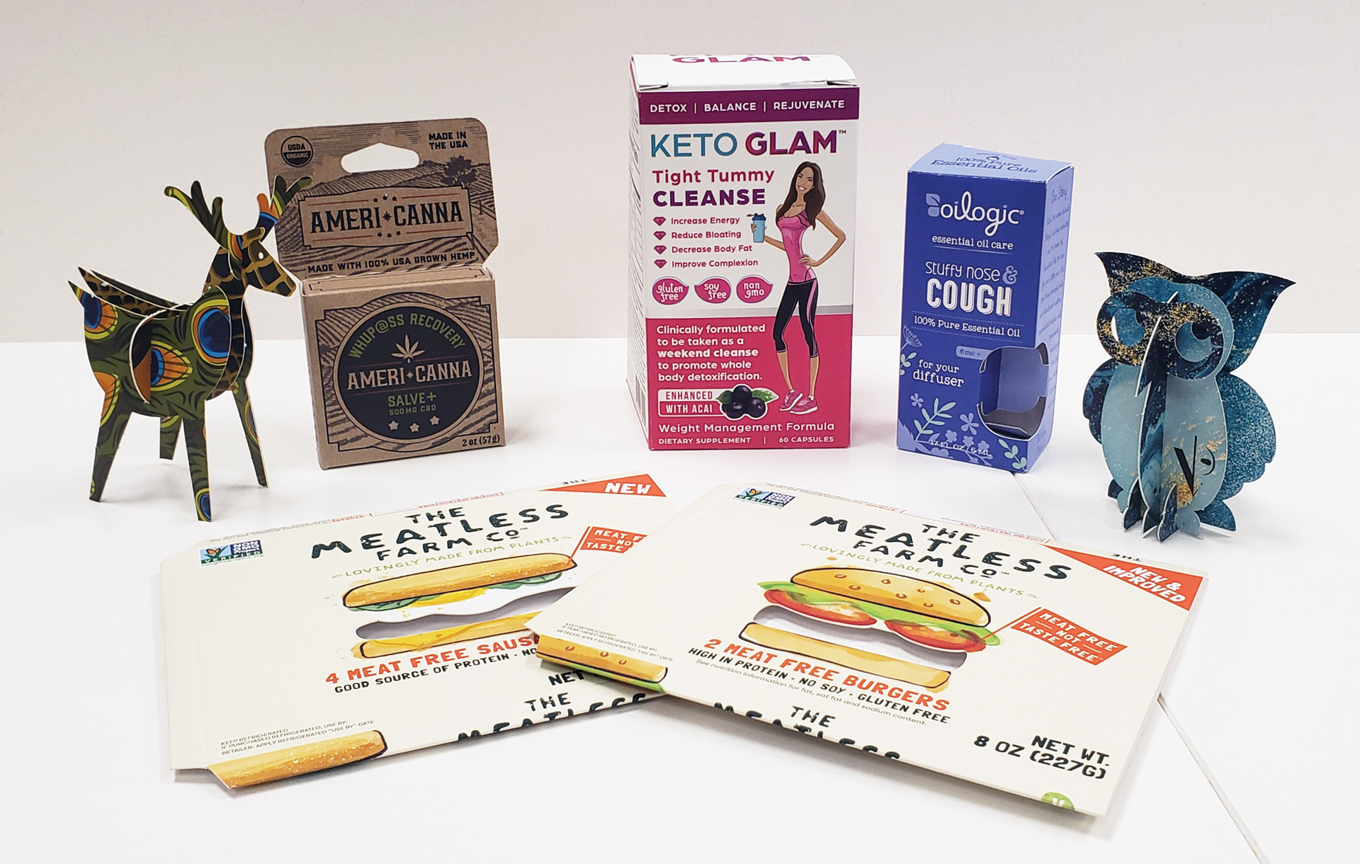 All four folding cartons shown here were printed on the Landa S10 and then creased and cut on the Highcon Beam, and the run lengths ranged from 2,000 to 10,000 units.