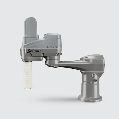 Stäubli’s solution for the food industry is the TS2 HE four-axis SCARA pick-and-place robot.