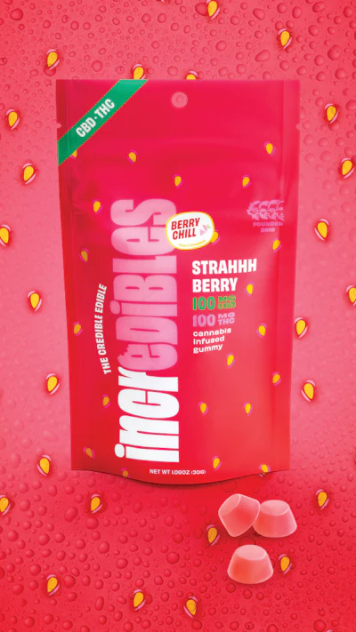 Some states prohibit depictions of real food on cannabis packs. So for this gummy pouch, color and design have to communicate flavor.