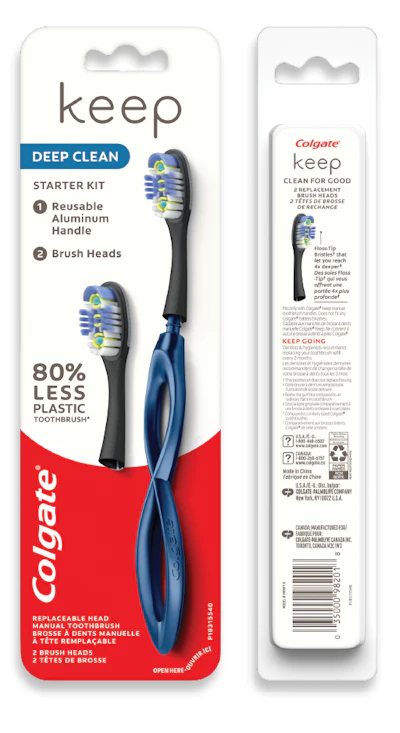 In a category where the plastic blisterpack is the dominant packaging format, the launch of Colgate Keep in a wet-fiber thermoformed package made of sugarcane and wood fiber was notable to say the least. Shown here is the front of the starter kit and the back of the two-count refill pack.