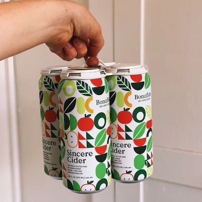 The grid-like design on California’s Sincere Cider uses various elements and colors inspired by apples to evoke the crisp, clean flavors to be found within.