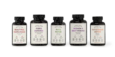 Supplement maker Crystal Star pairs strong typefaces with clean, bright colors for the product names on its bottle labels.