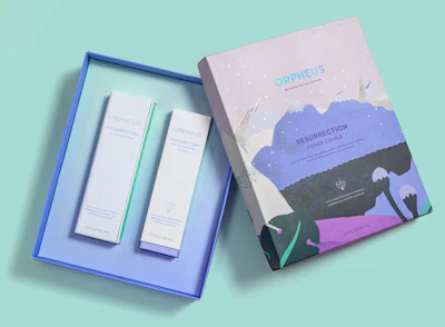 Clean skincare brand ORPHEUS uses soft organic shapes and colors on its packaging to create the image of a stunning ethereal landscape.