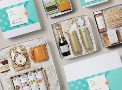 Gift givers can customize their gifts by selecting from hundreds of possibilities. No two gift orders are alike, making the format ripe for digitally printed packaging and messaging.