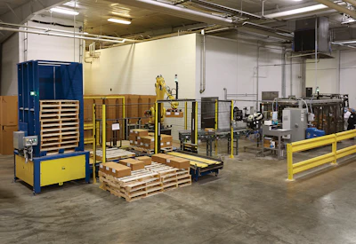 The fully automated Wisconsin Whey end-of-line system was configured to fit the cheese maker’s available space.