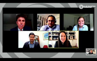 The live launch featured (top l. to r.) Maarten Dubois, OECD; Matt Demorais, Unilever; Sara Wingstrand, Ellen MacArthur Foundation; (bottom l. to r.) Guillermo González, Ministry of the Environment, Chile; and Louise Boyle, The Independent.