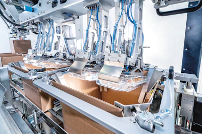 The clamshells containing the Danish are packed in two identical Schubert case packers ready for dispatching.