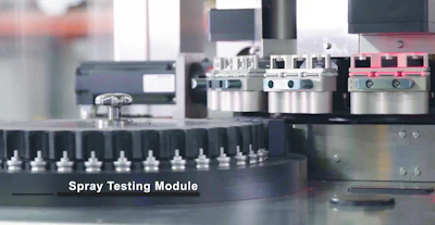 The Brooks Machine and Design Spray Testing Module primes and tests each individual canister for proper discharge.