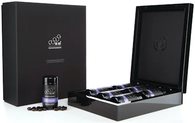 Presentational secondary packaging for the SE85 supplement, which contains a six-month supply of product, is durable and intended to be displayed.