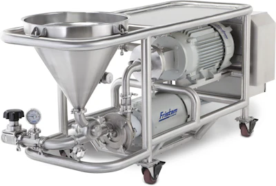 Fristam’s Powder Mixer combines its FZX liquid ring pump with the FS Shear Blender into a single compact system.