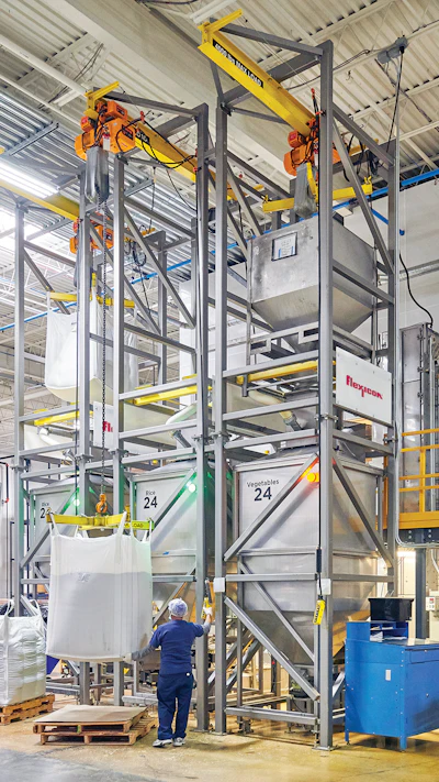 A bucket conveyor moves material from two bulk bag dischargers and one rigid tote discharger through the wall of a packaging room, to a weigh hopper that feeds a pouch filler.