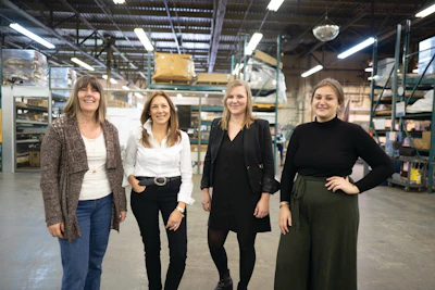 From left to right: Kelly Irvine (VP Manufacturing Operations), Lisa Hunt (CEO), Rachael Whale (Executive Assistant to the CEO), and Natalie Irvine (Marketing Manager).