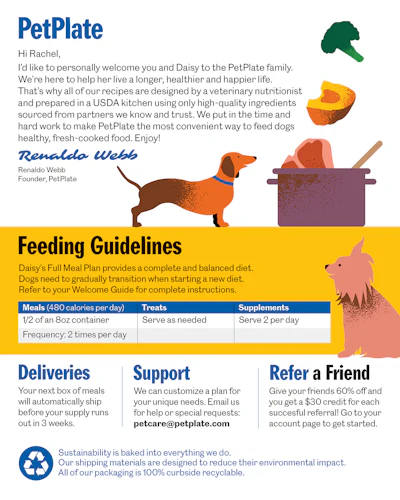 A customer’s first order includes a colorful, personalized insert welcoming their dog to “the PetPlate family” and providing customized feeding instructions for their pet.