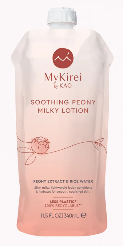 The Eco-Pouch refill snaps into the back of the Eco-Holder by the neck, and a reusable pump dispenser is added.