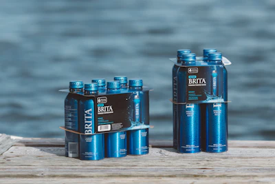 Brita’s Premium Purified Water is packaged in a durable, refillable aluminum bottle, in an 18- and a 25-oz size, with multipacks held together by the Fishbone C-Clip fully-recyclable paperboard carrier.