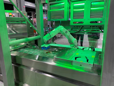 A pick-and-place solution uses a Quest robot to load steaks into an Ossid thermoformer.