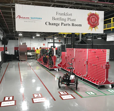 The new, dedicated space for change parts management includes inventory, cleaning, storage, and maintenance of changeparts for the entire Frankfort Beam Suntory facility. Lanes for inbound and outbound change parts carts keep workflow organized.