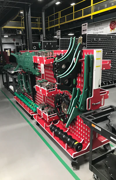 Beam Suntory’s Matt Roberge opted for portable racks with an inverted ‘T’ shape to help save space both on the floor and in inventory in the dedicated changeparts department.