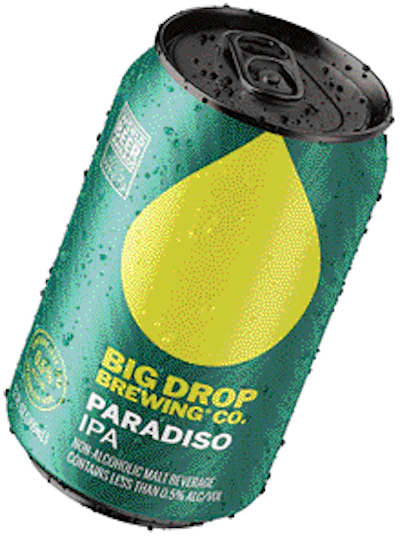 Packaging for Big Drop’s Paradiso Citra IPA places the focus on quality, not the alcoholic content, of the non-alcohol craft beer.