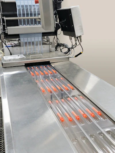 Deer and cattle darts are placed in two-cavity thermoformed trays, three trays across, prior to lidding on the Harpak-Ulma equipment.