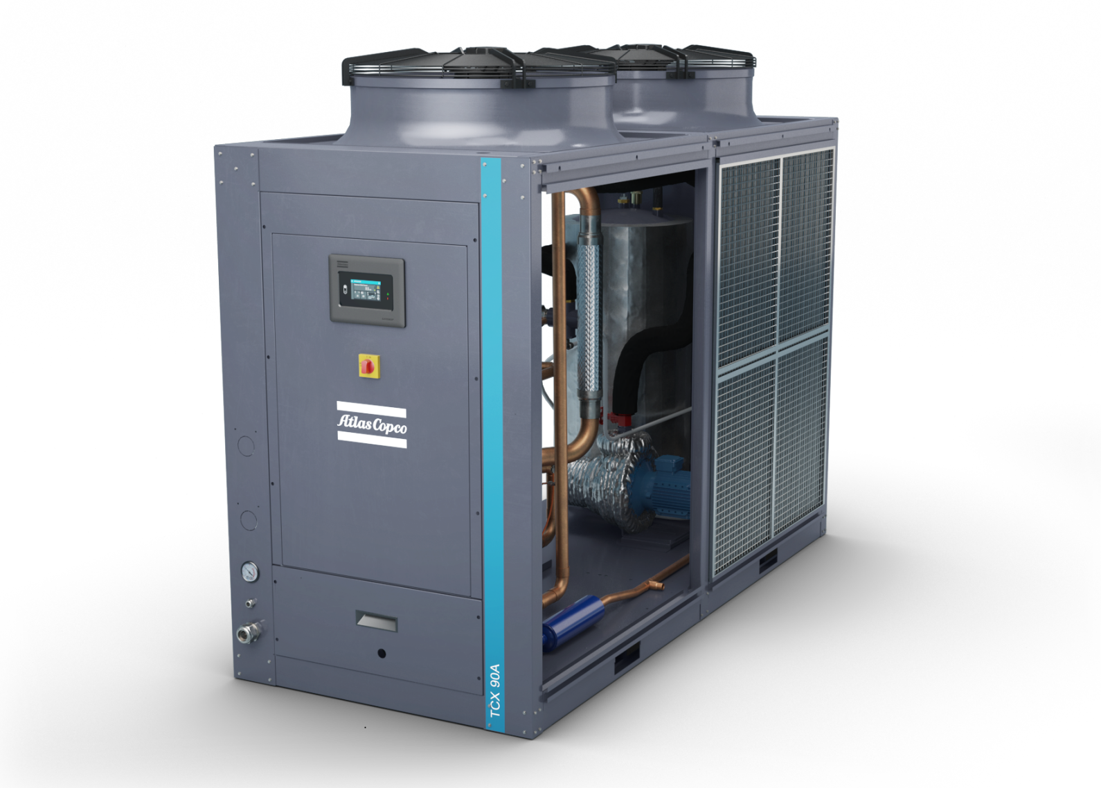The TCX 4-90A Process Cooling Chiller range features a compact, all-in-one water chiller with an air-cooled condenser and integrated hydro module.