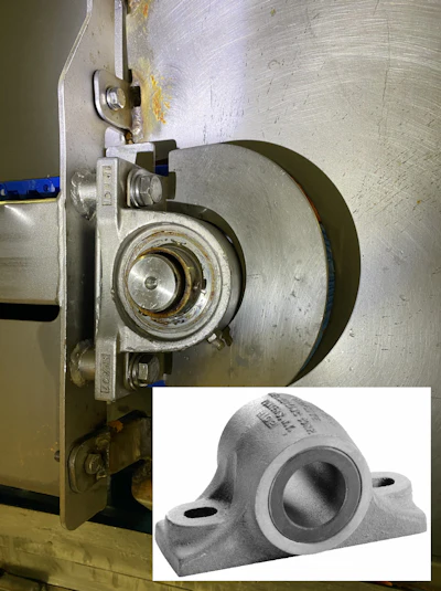 Graphite Metallizing provided three different size inserts to put directly into McEntire Produce’s existing pillow blocks. Shown here is a standard two-bolt pillow block, which was replaced by a Graphalloy bearing (inset).