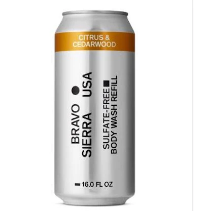 Bravo Sierra body wash refill in aluminum cans.
