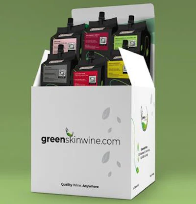 Greenskin Wine sustainable wine pouches and six-pack box.