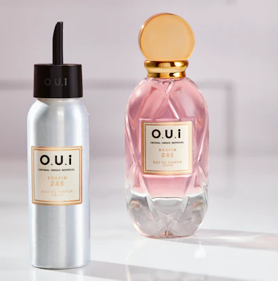 Among the advantages of the O.U.i. packaging system, it allows consumers to reuse their original perfume bottle, and its refill component is made from a highly recyclable material.
