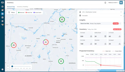 The AWS Supply Chain map provides visibility into where inventory is in stock or has an out-of-stock risk, providing a mechanism to drill down into the product levels.