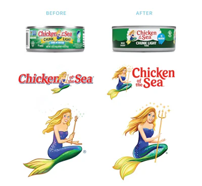 The packaging graphics, including the logo and Catalina mermaid, BEFORE and AFTER the redesign.