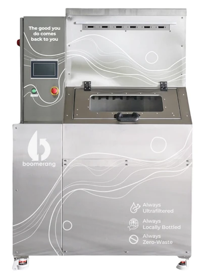 Roughly the size of a commercial ice maker, the Boomerang Bottling System sanitizes the reusable bottle, filters the water, fills the bottle with the water, and caps the bottle with the push of a button.