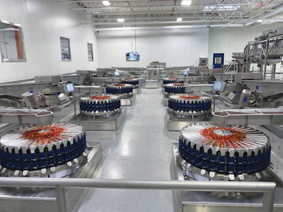 One floor above the twin baggers are eight 36-bucket combination scales that drop gummies down into the form/fill/seal baggers.