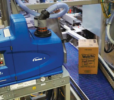 Case blanks are automatically erected, cartons are inserted, flaps are closed by way of hot melt adhesive, and finished cases are ready for palletizing.