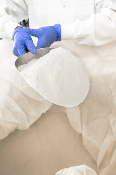 Protein powder blends flow into bulk bags. They then are transferred in-house to packaging lines that fill pre-formed poly bags and pouches of various sizes or in bottles.