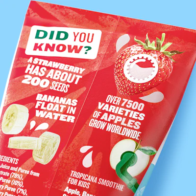 The back of the pack contains fun fruit facts, reminiscent of a cereal box that kids can engage with at the breakfast table, the lunch table with class mates, or on a soccer field with team mates.