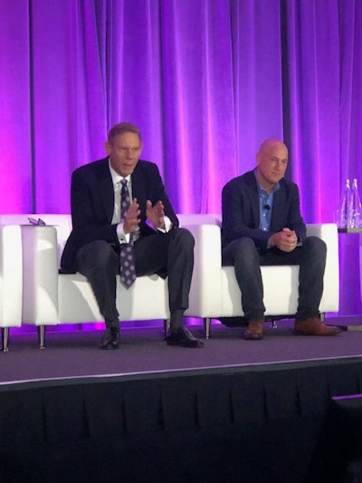 AVEVA CEO Caspar Herzberg (left) and chief product officer Rob McGreevy answer questions during a press conference at AVEVA World 2023.