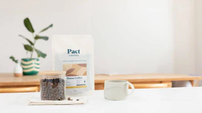 Pact Coffee's new monomaterial packaging is 100% recyclable and made from 70% post-consumer recycled material.