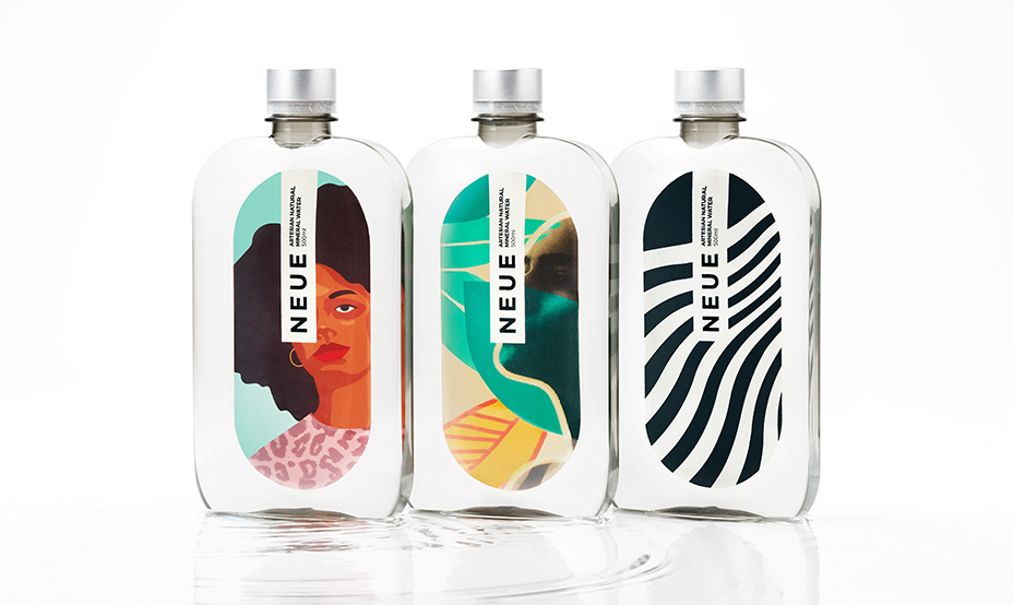 Label artwork for NEUE Water is an intrinsic part of the premium experience, as it features different artist-designed collections that change with each fashion season.