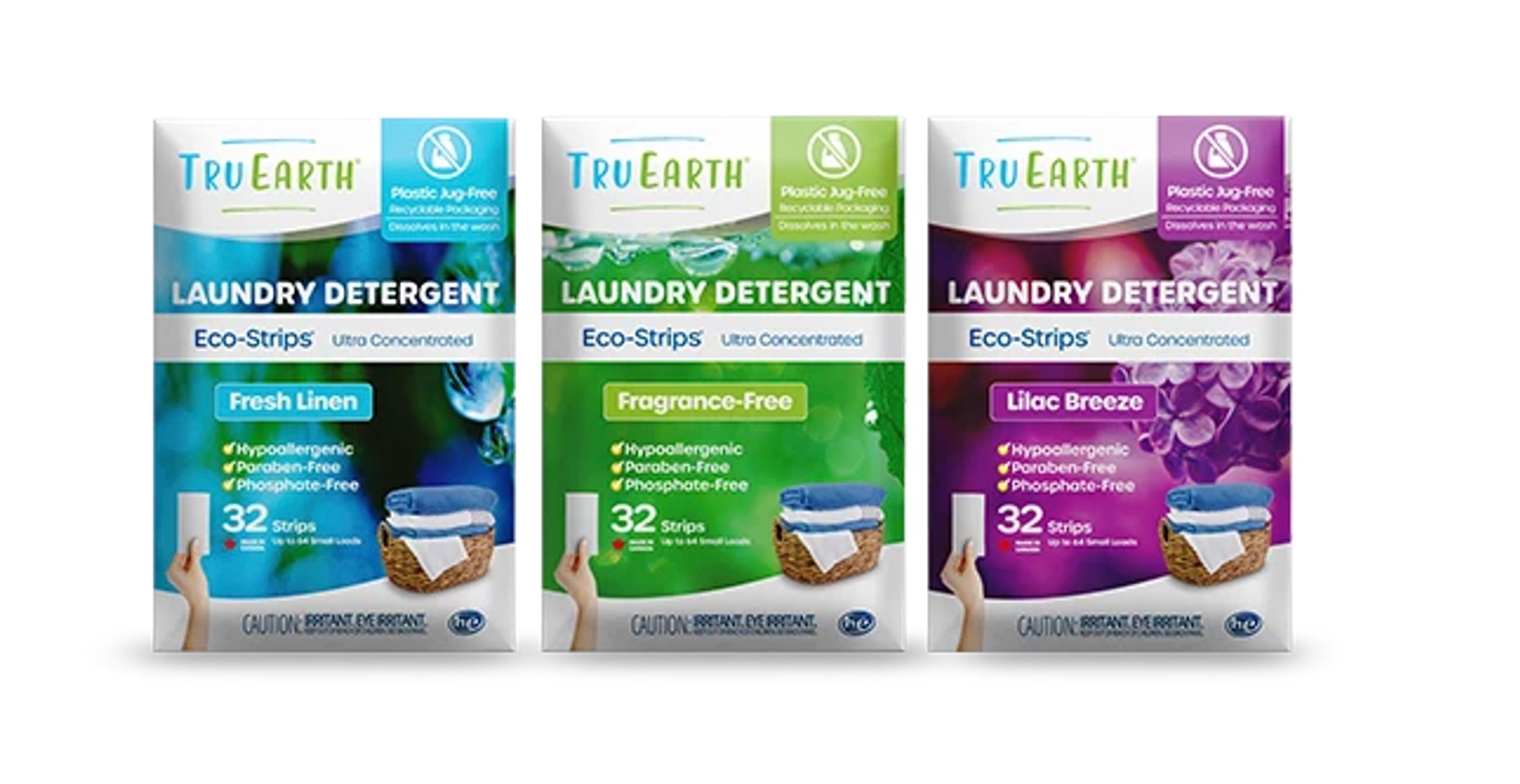 Tru Earth&rsquo;s line of concentrated laundry detergent strips is packaged in plastic-free paperboard envelopes.