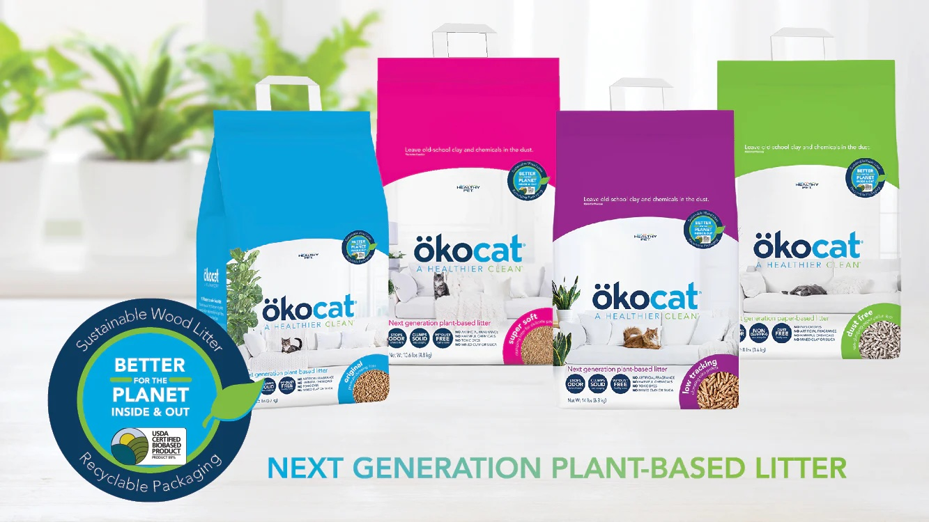 The new packaging for Healthy Pet&rsquo;s &ouml;kocat natural litter is a double-wall paper bag with a multi-wrapped paper handle that is glued in-between the layers of the bag for extra strength and durability.