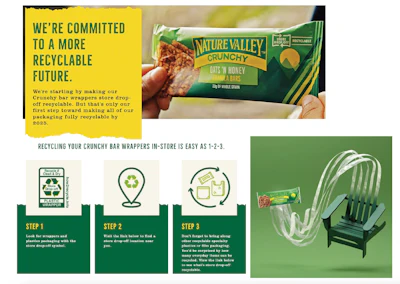 In 2021, General Mills launched a new wrap for its Nature Valley Granola Bar that uses a mono-material film, making it store drop-off recyclable.
