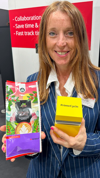 Sara Alexander demonstrates BOBST oneBARRIER PrimeCycle AlOx high barrier PE monomaterial packaging substrate certified with a recyclability level of 98% (slightly lower when printed, depending on print and ink specs).
