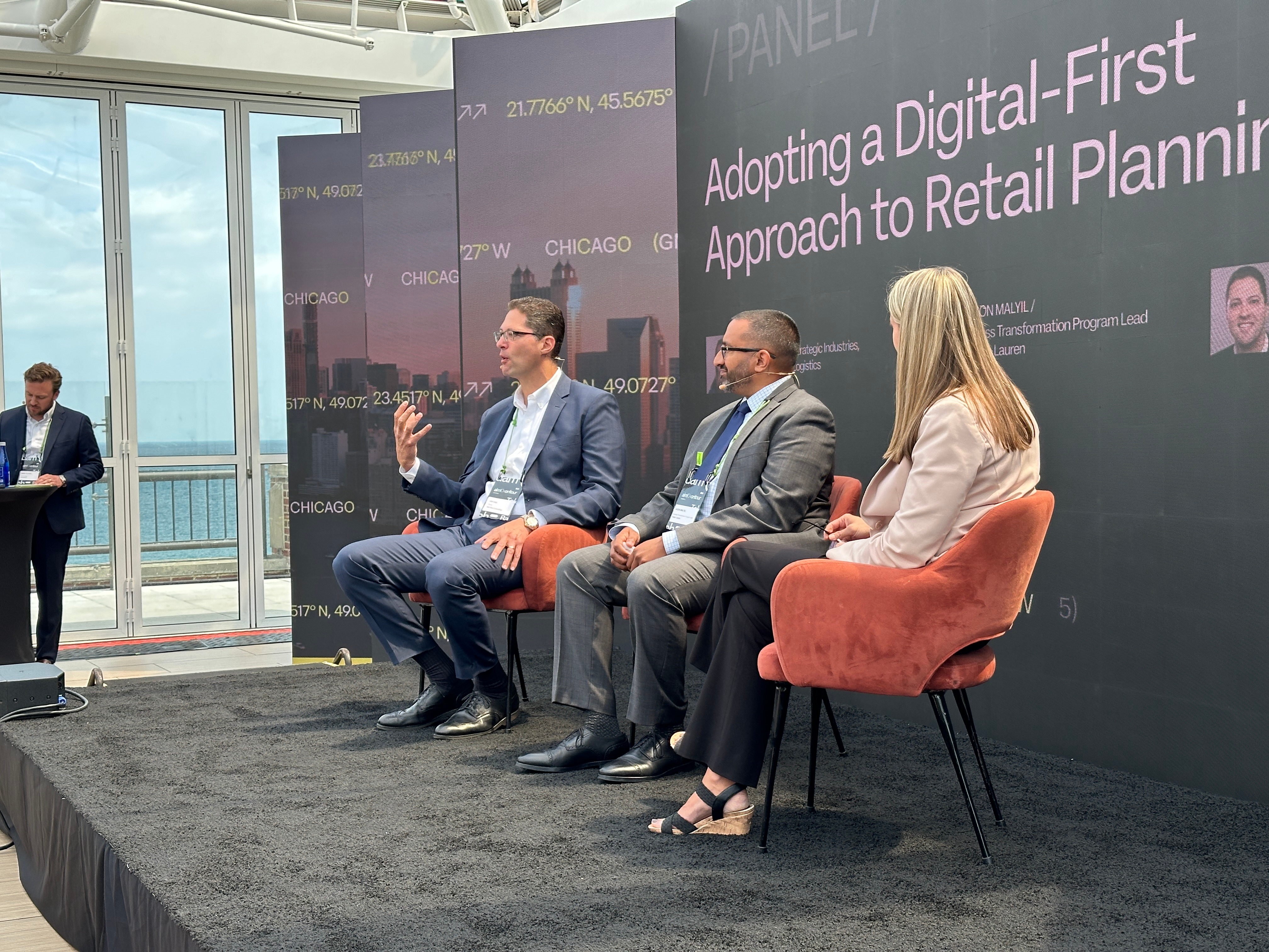 (from left) Ash Eisa, Former Walmart SVP: Sourcing/Technology/Supply Chain, Independent Consultant; Jason Malyil, Business Transformation Program Lead, Ralph Lauren; Paula Natoli, Director, Global Strategic Industries, Supply Chain & Logistics, Google Cloud.
