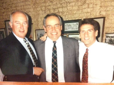 Lloyd Ferguson (center) surrounded by Chuck Winnicky (left) and Joe Angel (right). The three co-founded Summit Media Group, which launched Packaging World in January 1994.