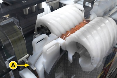 After turning screws have turned cups onto their sides (photo above), grouping screws send groups of six cups into a chute and then onto a dividing plate (A) that carries the group down to the floor level and the shrink sleever.