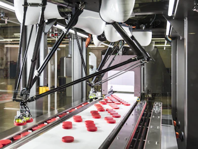 Bradman Lake's VGR Vision Guided Robot loading the infeed of a Flow Wrapper